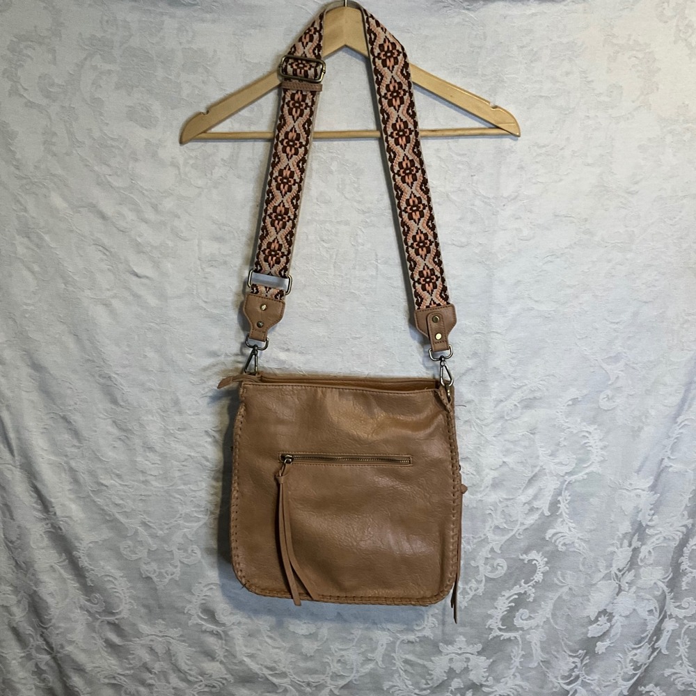 ANTIK KRAFT Tan Faux Leather Crossbody Bag Woven Strap Zippered Side Pockets